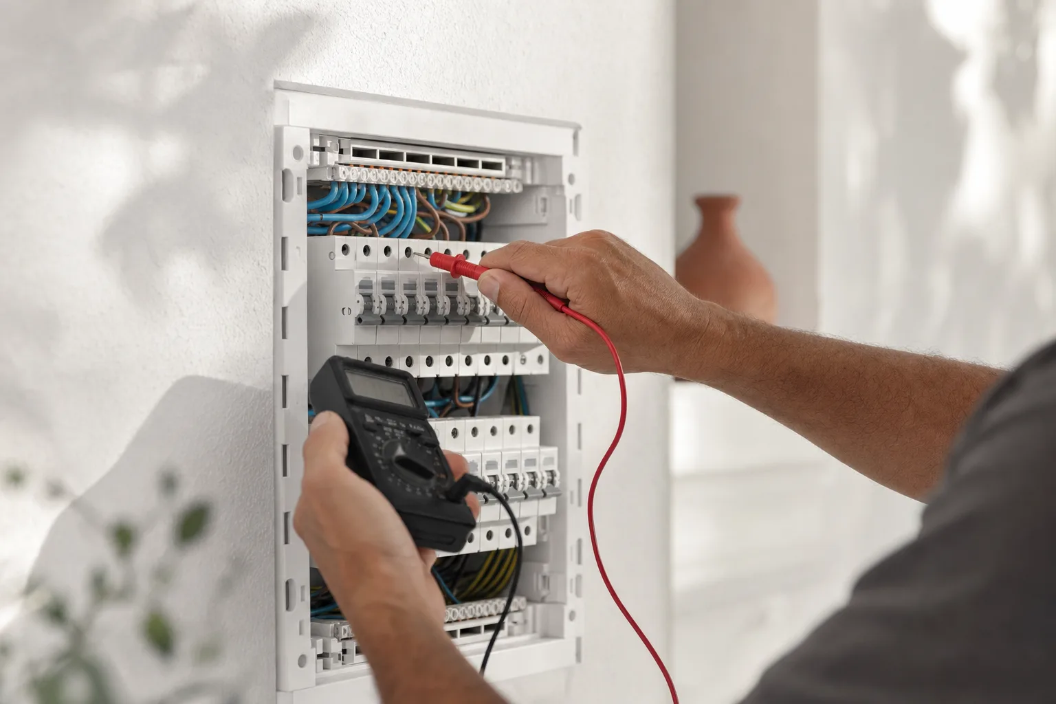 Operario reparando un cuadro eléctrico en una vivienda